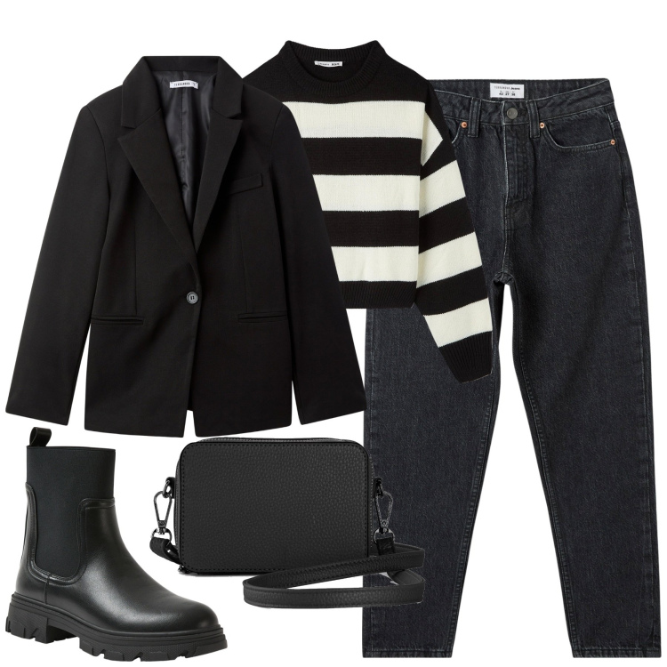 Outfit donna - Easy day. Stile Casual chic per Tutti i giorni. Abbinamento con borse a tracolla, jeans mom, maglieria, stivaletti chelsea, blazer.