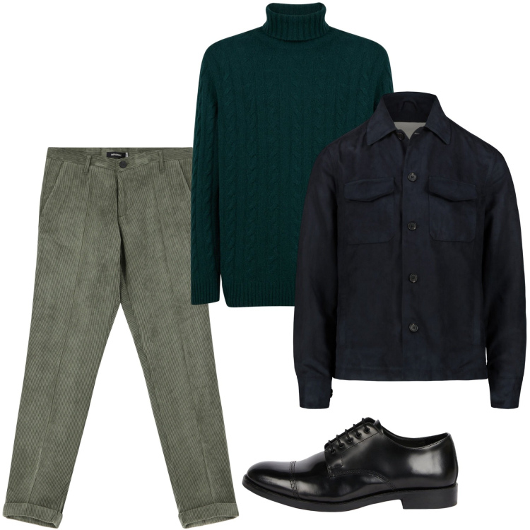 Outfit uomo - Signorile in pull verde. Stile Urban per Tutti i giorni. Abbinamento con pantaloni, maglieria, giacche, scarpe stringate.