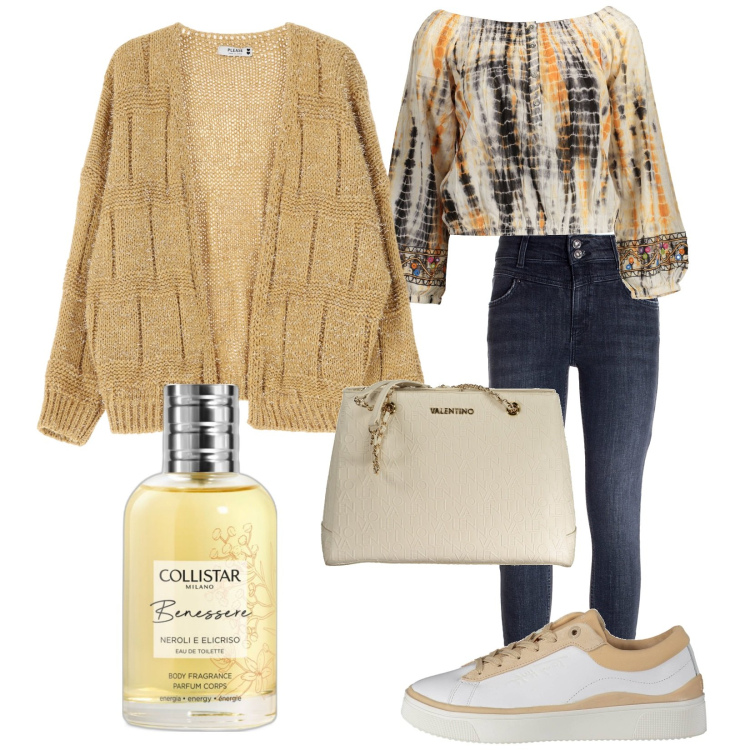 Outfit donna - Total look #2027582. Stile Casual per Tutti i giorni. Abbinamento con profumi, cardigans, jeans skinny, t-shirt, sneakers, borse a spalla.