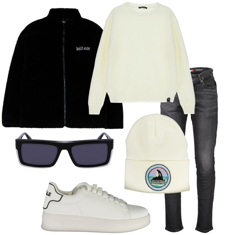 Outfit uomo - Total look #2027584. Stile Casual per Tutti i giorni. Abbinamento con giacche, maglieria, jeans, sneakers, occhiali da sole, berretti.