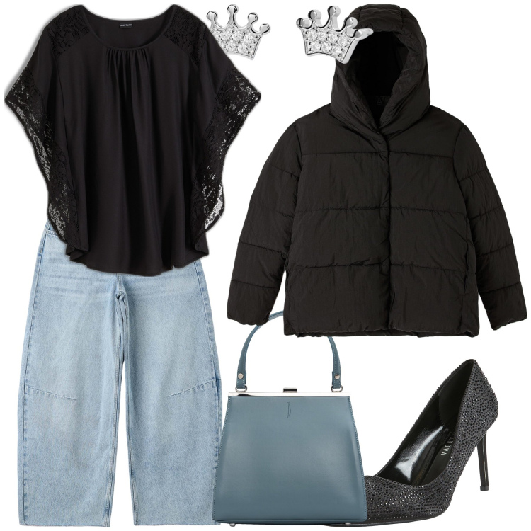 Outfit donna - La regina dell aperitivo. Stile Glamour per Serata fuori. Abbinamento con bluse, jeans boyfriend, décolleté, piumini, orecchini, clutch.
