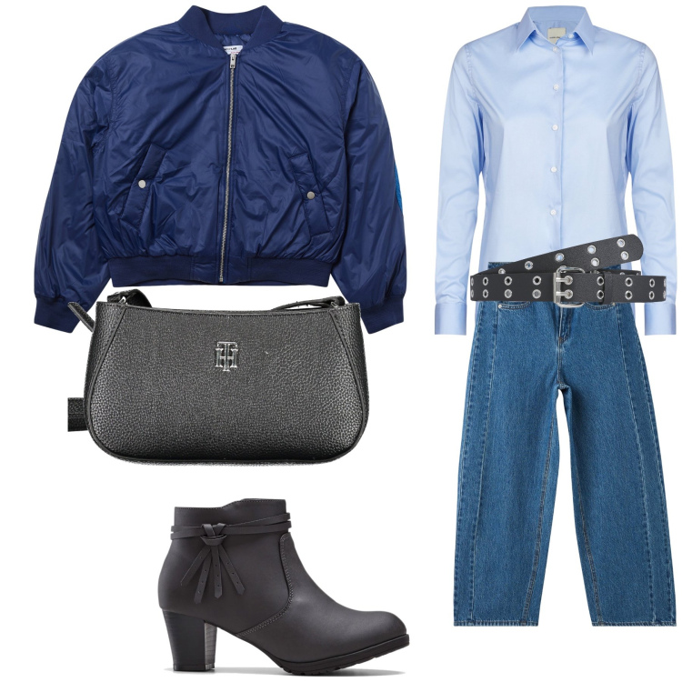 Outfit donna - Domenica mattina in giro. Stile Basic per Tutti i giorni. Abbinamento con stivaletti, jeans, cinture, bomber, borse a tracolla, camicie.