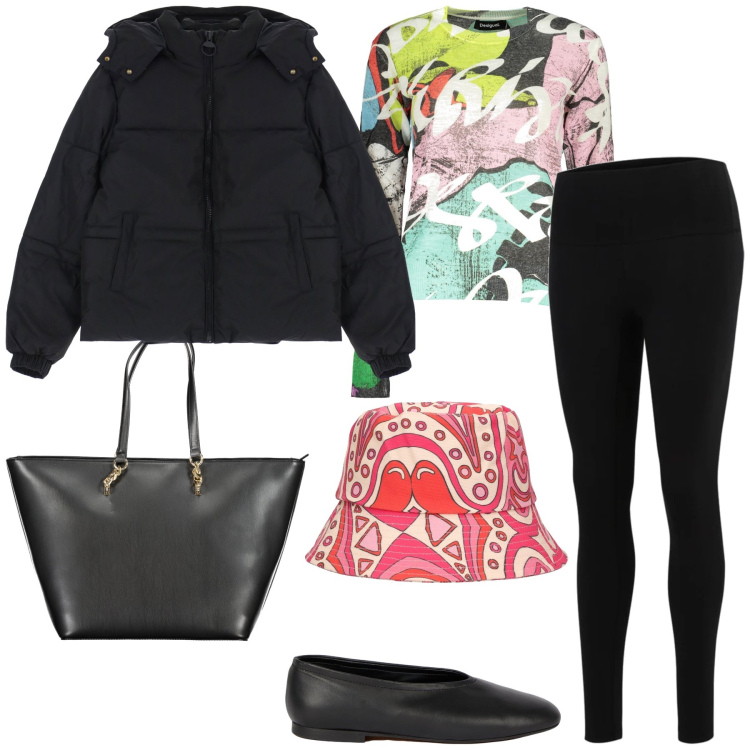 Outfit donna - Colors on the black. Stile Trendy per Tutti i giorni. Abbinamento con leggings, piumini, maglieria, cappelli, borse a spalla, ballerine.