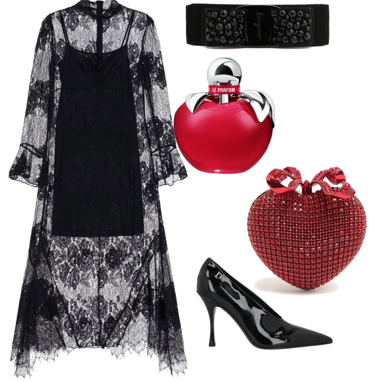 Outfit donna - Pizzo di sera bel tempo si spera. Stile Chic per Serata fuori. Abbinamento con décolleté, profumi, vestiti lunghi, accessori per capelli, pochette.