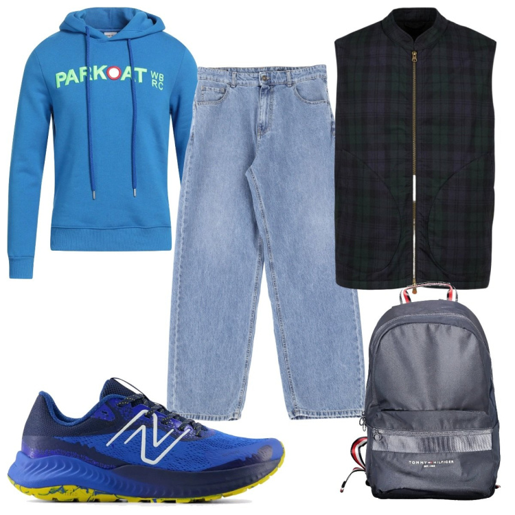Outfit uomo - Total look #2027618. Stile Trendy per Tutti i giorni. Abbinamento con felpe con cappuccio, sneakers, jeans, piumini, borse sportive.