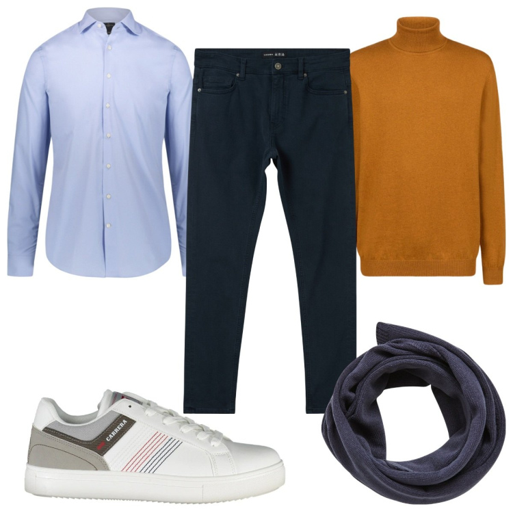 Outfit uomo - Total look #2027620. Stile Trendy per Tutti i giorni. Abbinamento con pantaloni skinny, sciarpe, camicie, sneakers, maglieria.