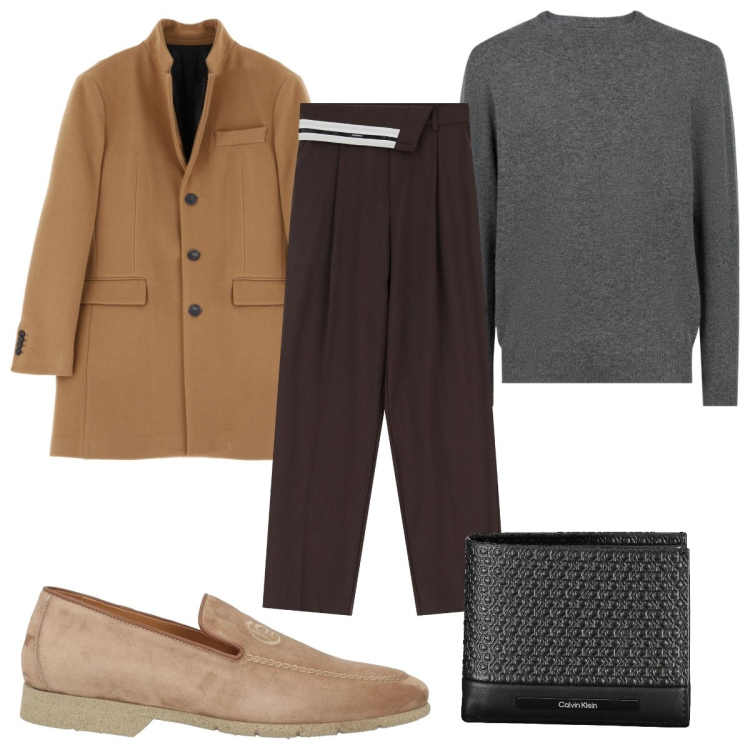 Outfit uomo - Total look #2027622. Stile Casual per Ufficio. Abbinamento con scarpe stringate, cappotti, pantaloni a palazzo, maglieria, portafogli.