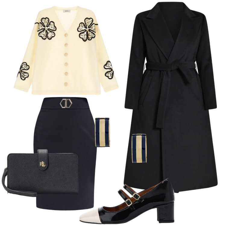 Outfit donna - Fiori luminosi. Stile Glamour per Serata fuori. Abbinamento con décolleté, cardigans, cappotti, gonne, pochette, orecchini.