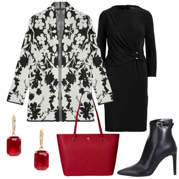 Outfit donna - Look chic. Stile Chic per Serata fuori. Abbinamento con stivaletti, borse tote, vestiti, orecchini, cardigans.