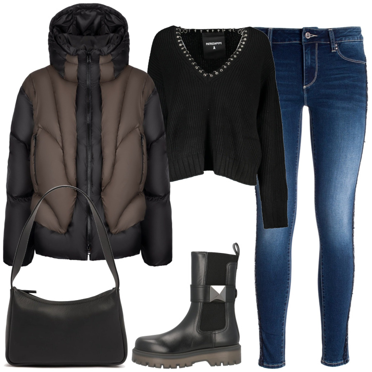 Outfit donna - City. Stile Casual chic per Tutti i giorni. Abbinamento con stivaletti chelsea, jeans skinny, piumini, maglieria, borse a spalla.