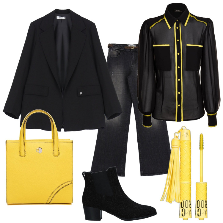 Outfit donna - Star Cosmetics. Stile Trendy per Tutti i giorni. Abbinamento con stivaletti, mascara, jeans, blazer, camicie, shopping bag.