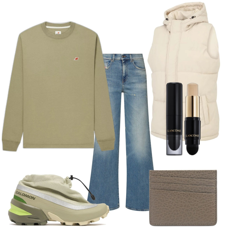 Outfit donna - Total look #2027654. Stile Urban per Tutti i giorni. Abbinamento con fondotinta, gilet, t-shirt, sneakers, jeans, portafogli.