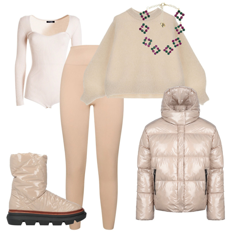 Outfit donna - Capodanno sulla neve!. Stile Sporty chic per Tutti i giorni. Abbinamento con stivaletti, body, pullovers, blazer, collane, leggings.