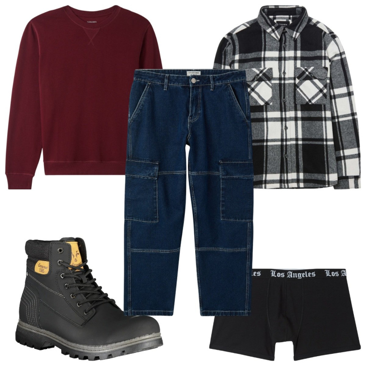 Outfit uomo - Total look #2027673. Stile Casual per Tutti i giorni. Abbinamento con jeans, boxer, felpe, cappotti, stivali.