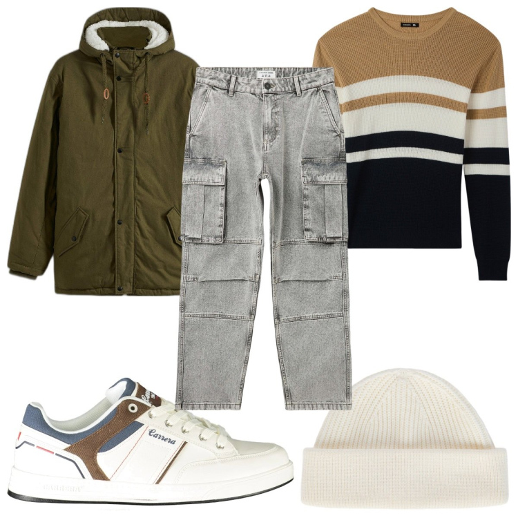 Outfit uomo - Total look #2027676. Stile Trendy per Tutti i giorni. Abbinamento con parka, maglieria, jeans, berretti, sneakers.
