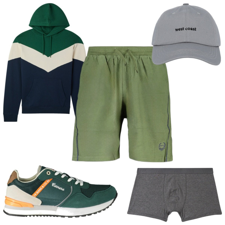Outfit uomo - Total look #2027684. Stile Trendy per Tutti i giorni. Abbinamento con cappelli con visiera, boxer, felpe con cappuccio, sneakers, pantaloni.