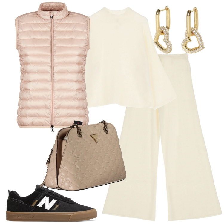 Outfit donna - City. Stile Sporty chic per Tutti i giorni. Abbinamento con orecchini, sneakers, pantaloni, maglieria, piumini, borse a spalla.
