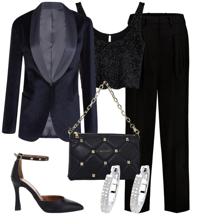 Outfit donna - La giacca smoking. Stile Chic per Serata fuori. Abbinamento con orecchini, top, borse a spalla, décolleté, pantaloni, blazer.