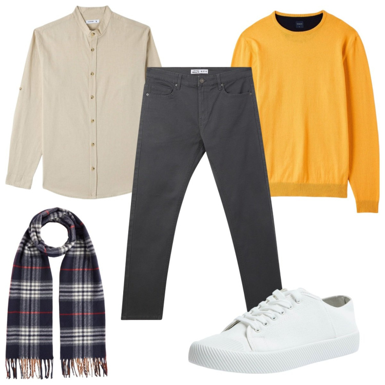 Outfit uomo - Total look #2027698. Stile Casual per Tutti i giorni. Abbinamento con pantaloni skinny, camicie, sneakers, maglieria, sciarpe.