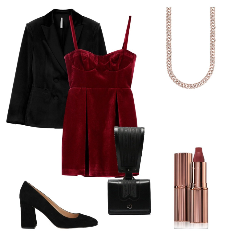 Outfit donna - Capodanno chich. Stile Chic per Serata fuori. Abbinamento con décolleté, rossetti, collane, blazer, vestiti corti, borse a mano.