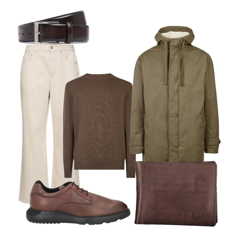 Outfit uomo - Dettagli pelle marrone. Stile Trendy per Tutti i giorni. Abbinamento con sneakers, parka, maglieria, portafogli, cinture, jeans.