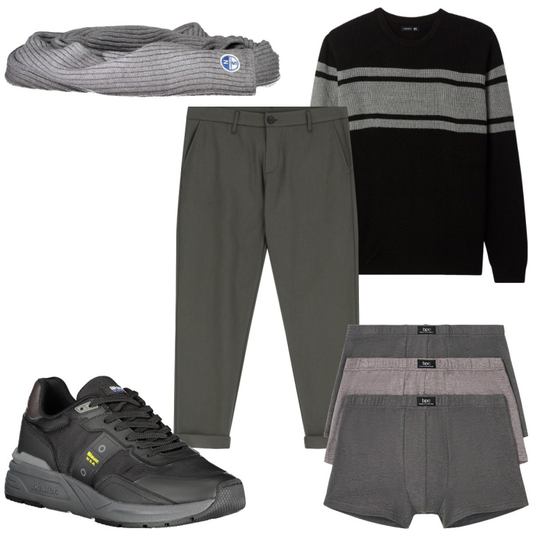 Outfit uomo - Total look #2027706. Stile Casual per Tutti i giorni. Abbinamento con boxer, maglieria, pantaloni, sneakers, sciarpe.