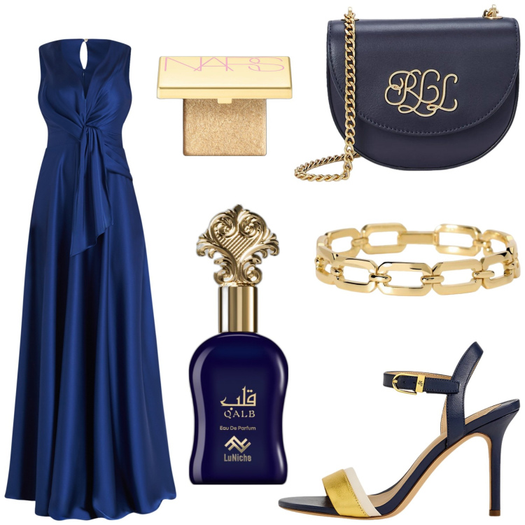 Outfit donna - Total look #2027707. Stile Chic per Serata fuori. Abbinamento con ombretti, profumi, braccialetti, vestiti lunghi, borse a tracolla, sandali in pelle.
