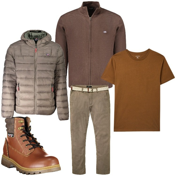 Outfit uomo - Marrone in dicembre. Stile Casual per Tutti i giorni. Abbinamento con pantaloni chino, t-shirt, cardigans, stivali, giacche.