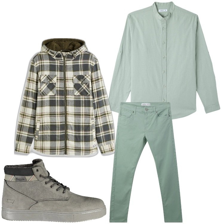 Outfit uomo - Un tipo quadrato. Stile Casual per Tutti i giorni. Abbinamento con cappotti, camicie, pantaloni skinny, stivali.