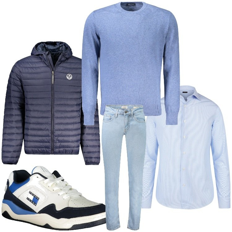 Outfit uomo - Blu per tutti i giorni. Stile Casual per Tutti i giorni. Abbinamento con camicie, giacche, maglieria, sneakers, jeans skinny.