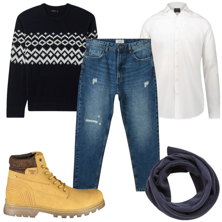 Outfit uomo - Total look #2027717. Stile Casual per Tutti i giorni. Abbinamento con sciarpe, jeans strappati, maglieria, camicie, stivali.