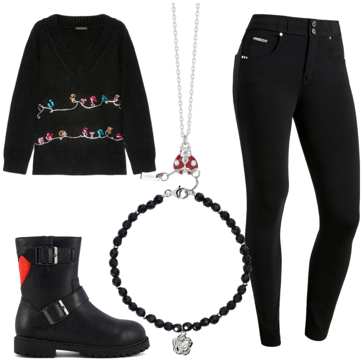 Outfit donna - Total look #2027720. Stile Basic per Tutti i giorni. Abbinamento con braccialetti, collane, pantaloni skinny, maglieria, stivaletti.
