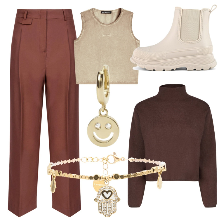 Outfit donna - Total look #2027724. Stile Casual per Tutti i giorni. Abbinamento con orecchini, braccialetti, top, cardigans, stivali, pantaloni.