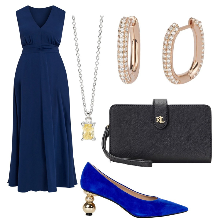 Outfit donna - Blu elegante. Stile Glamour per Serata fuori. Abbinamento con orecchini, collane, décolleté, vestiti lunghi, pochette.