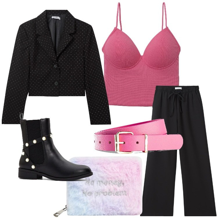 Outfit donna - Il veglione con le amiche. Stile Trendy per Serata fuori. Abbinamento con cinture, stivaletti, top, portafogli, blazer, pantaloni.