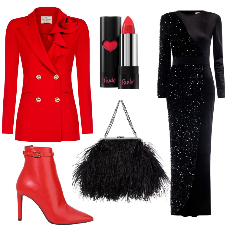 Outfit donna - Total look #2027728. Stile Glamour per Serata fuori. Abbinamento con rossetti, blazer, vestiti midi/longuette, stivaletti, clutch.