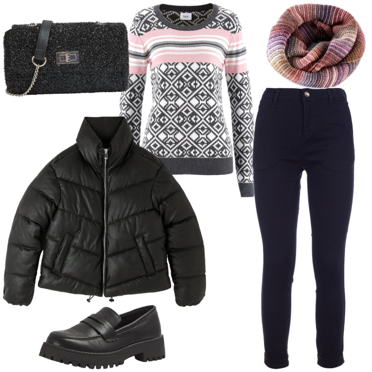 Outfit donna - It s winter. Stile Casual chic per Tutti i giorni. Abbinamento con maglieria, foulard, piumini, mocassini, borse a tracolla, pantaloni.