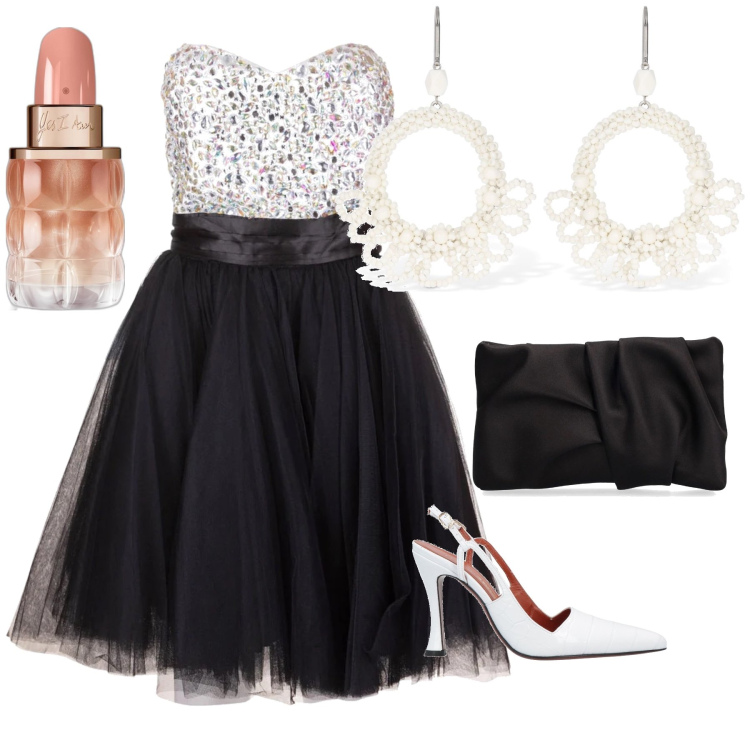 Outfit donna - Inverno di sera ti sfido. Stile Chic per Serata fuori. Abbinamento con décolleté, profumi, vestiti corti, pochette, orecchini.