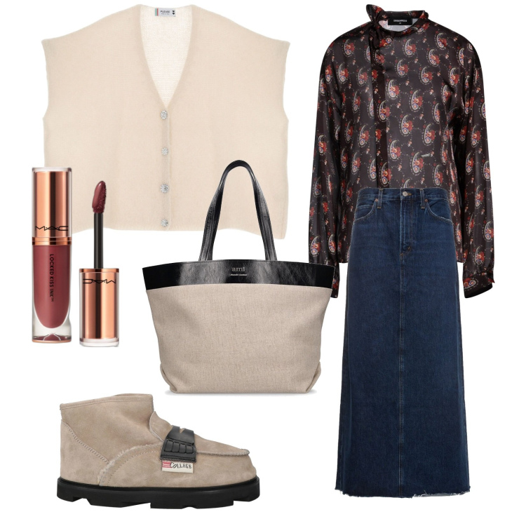 Outfit donna - Trendy. Stile Trendy per Tutti i giorni. Abbinamento con stivaletti, camicie, rossetti, maglieria, shopping bag, gonne.