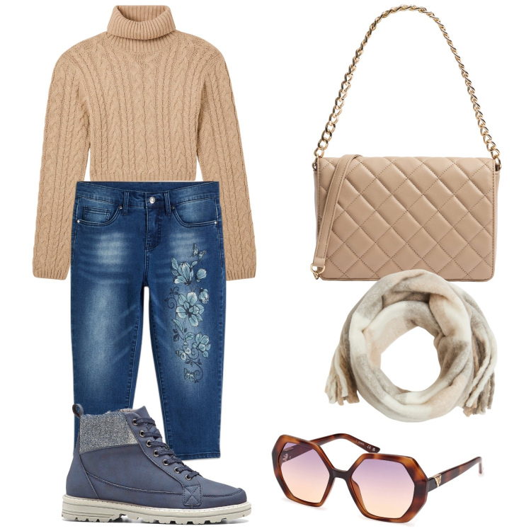 Outfit donna - Total look. Stile Sporty chic per Tutti i giorni. Abbinamento con jeans, stivaletti, maglieria, sciarpe, borse a tracolla, occhiali da sole.