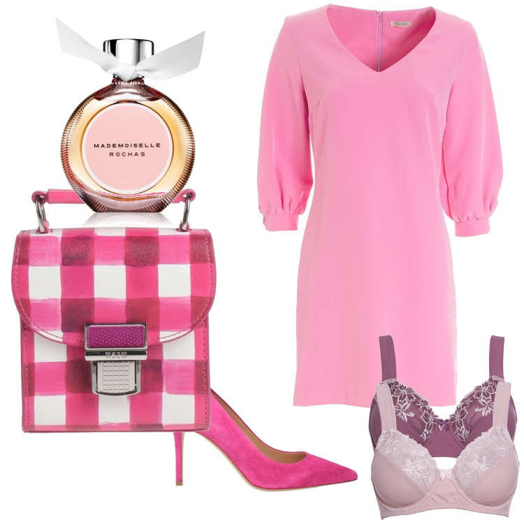 Outfit donna - Mademoiselle. Stile Glamour per Serata fuori. Abbinamento con reggiseni, borse a mano, décolleté, profumi, vestiti.