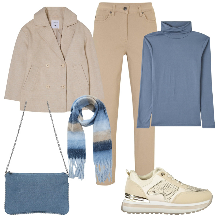 Outfit donna - Al lavoro. Stile Basic per Ufficio. Abbinamento con pantaloni, sciarpe, maglieria, caban, borse a tracolla, sneakers.