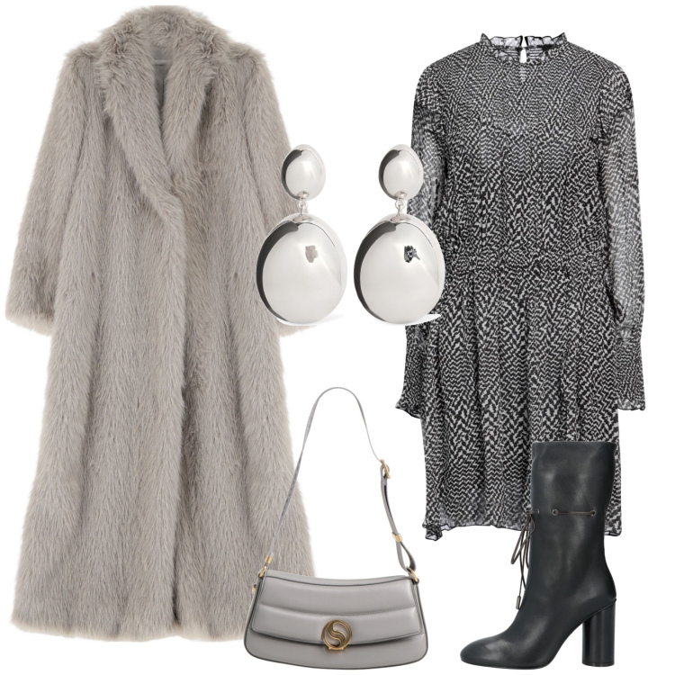 Outfit donna - Grey and black. Stile Chic per Serata fuori. Abbinamento con stivaletti, vestiti corti, borse a spalla, ecopellicce, orecchini.