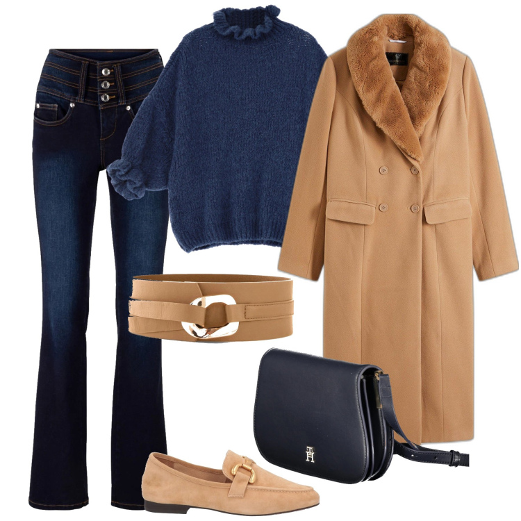 Outfit donna - Cappotto chic con i jeans. Stile Casual chic per Tutti i giorni. Abbinamento con jeans bootcut, cinture, cappotti, mocassini, maglieria, borse a tracolla.