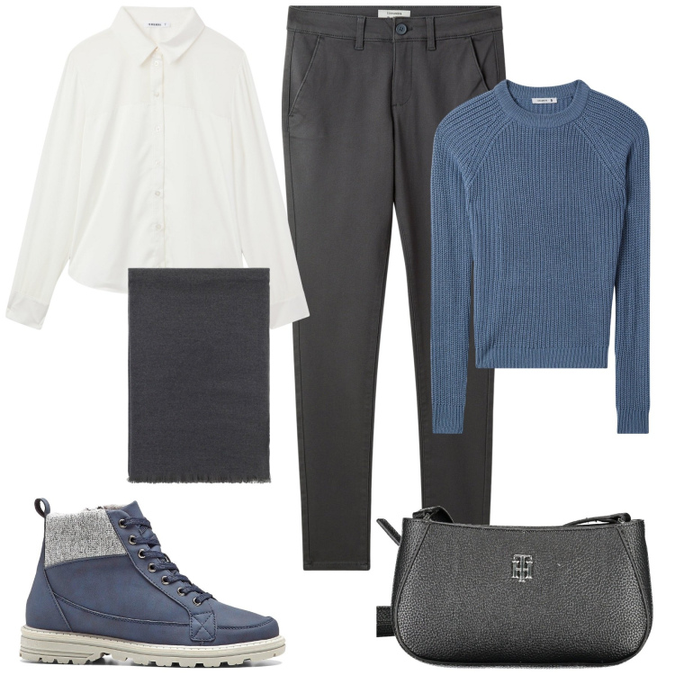Outfit donna - Rientro in ufficio. Stile Casual per Ufficio. Abbinamento con stivaletti, pantaloni chino, maglieria, camicie, sciarpe, borse a tracolla.
