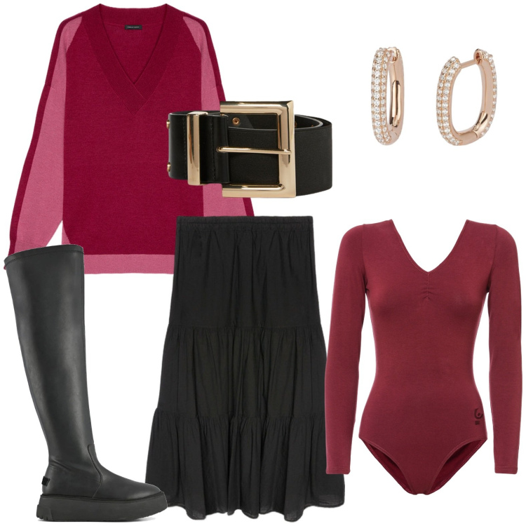 Outfit donna - Natale in famiglia. Stile Casual chic per Serata fuori. Abbinamento con orecchini, body, stivali sopra il ginocchio, maglieria, gonne lunghe, cinture.