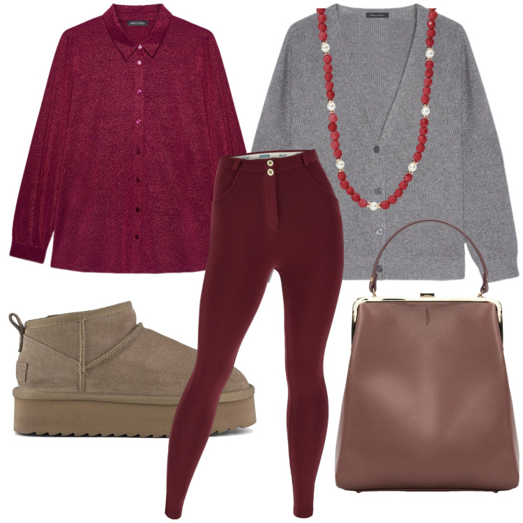 Outfit donna - Natale in famiglia. Stile Glamour per Serata fuori. Abbinamento con collane, pantaloni skinny, stivaletti, borse a spalla, cardigans, camicie.
