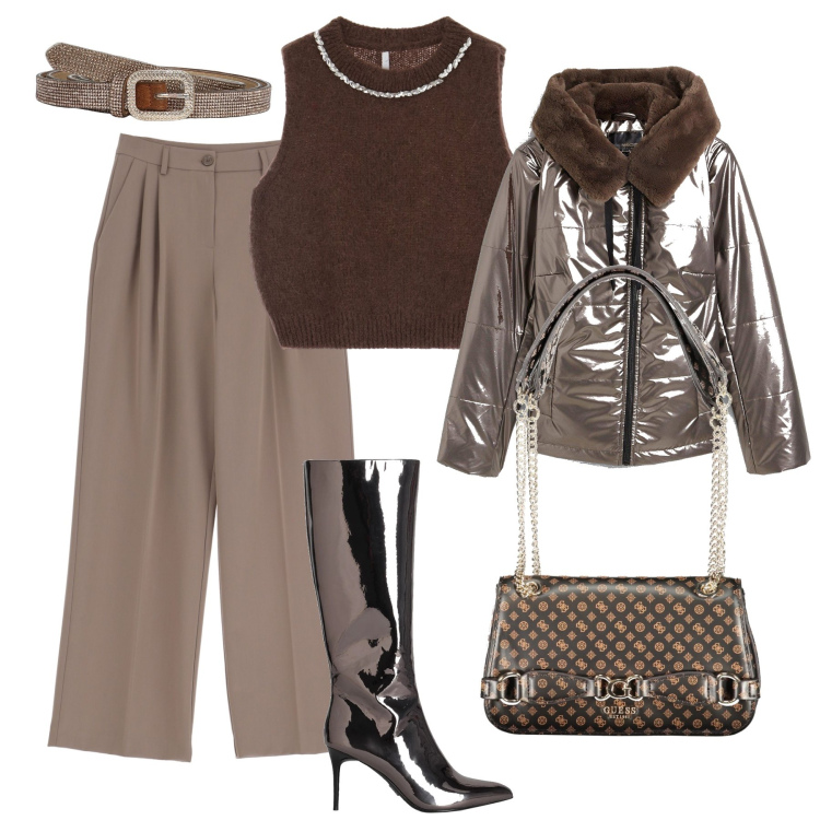 Outfit donna - Gli stivali come il giubbotto. Stile Trendy per Serata fuori. Abbinamento con giacche, stivali, cinture, maglieria, pantaloni, borse a spalla.