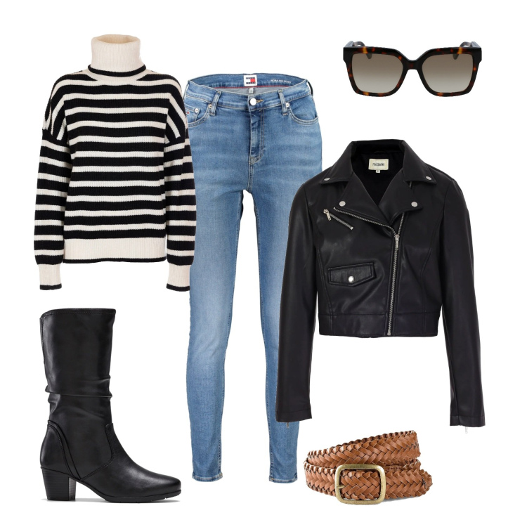 Outfit donna - Colazione a Parigi. Stile Casual Abbinamento con cinture, stivali, maglieria, blazer, jeans skinny, occhiali da sole.