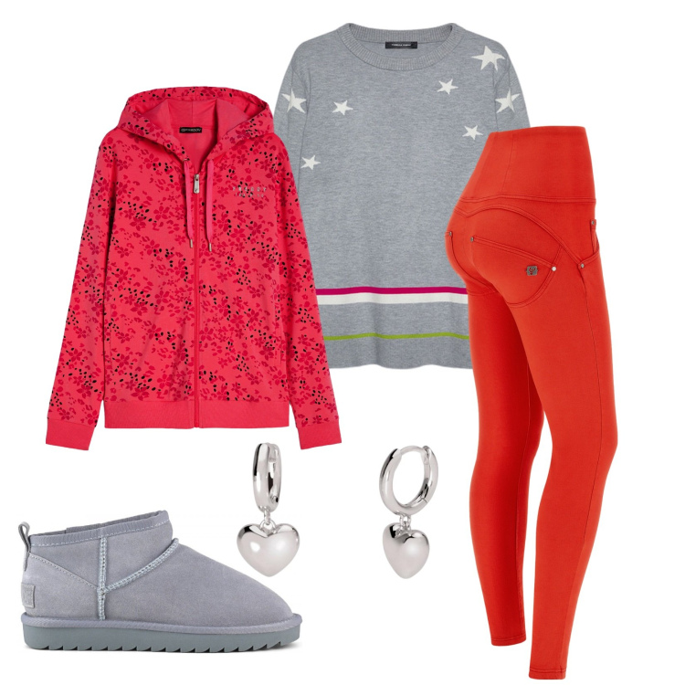 Outfit donna - Natale in famiglia. Stile Casual per Tutti i giorni. Abbinamento con orecchini, pantaloni skinny, felpe con cappuccio, stivali, maglieria.